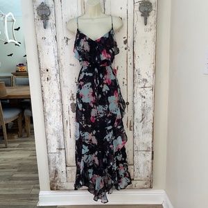 Jennifer Lopez Dress Size Small Woman's Black Pink Blue Metallic Ruffle Midi